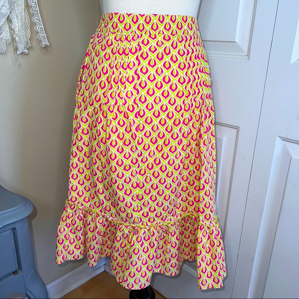 Lilly Pulitzer Peach/Green Pintuck, white lined Elastic Waist MIDI Skirt - Picture 3 of 14